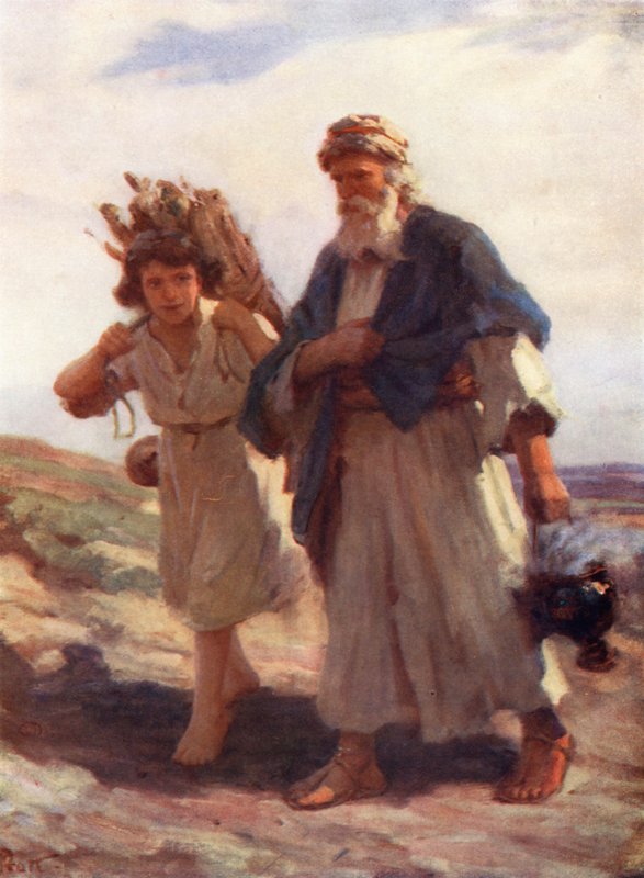 Aabraham ja Iisak, 1. Mooseksen kirja xxii, 2, 6 (värilitografia). tekijältä William Pratt