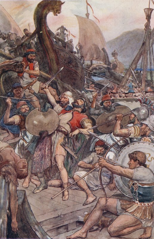 Persian amiraalin kuolema Salamisissa (väri litho) tekijältä William Rainey