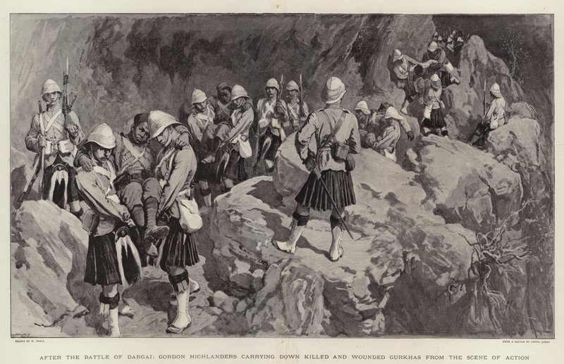 Dargain taistelun jälkeen Gordon Highlanders kantoi alas tapettuja ja haavoittuneita gurkhoja toimintapaikalta tekijältä William Small