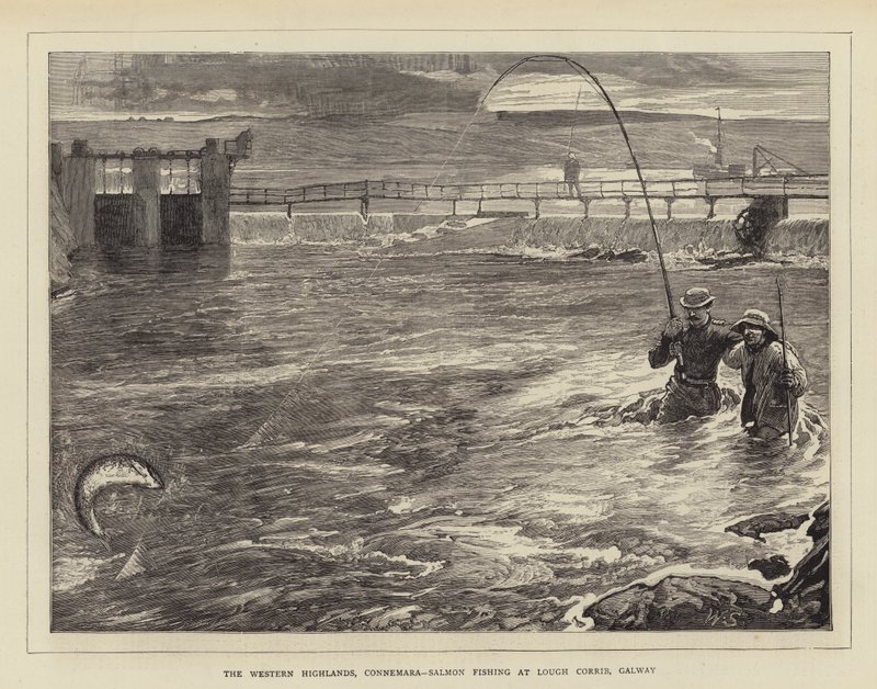 Länsiylängöt, Connemara, lohenkalastus Lough Corribissa, Galwayssa tekijältä William Small