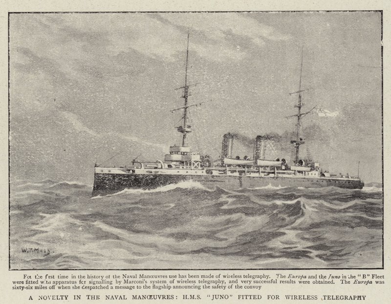 Uutuus laivaston manöövereissa, H M S Juno sovitettu langattomaan lennätykseen tekijältä William T. Maud