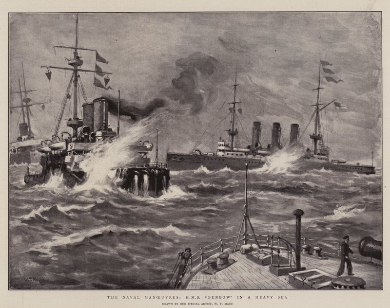 Naval Maneuvres, H M S Benbow raskaassa meressä tekijältä William T. Maud