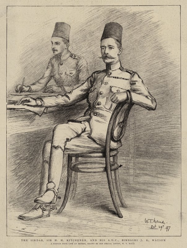 Sirdar, Sir H H Kitchener ja hänen ADC, Bimbashi J K Watson (litho) tekijältä William T. Maud