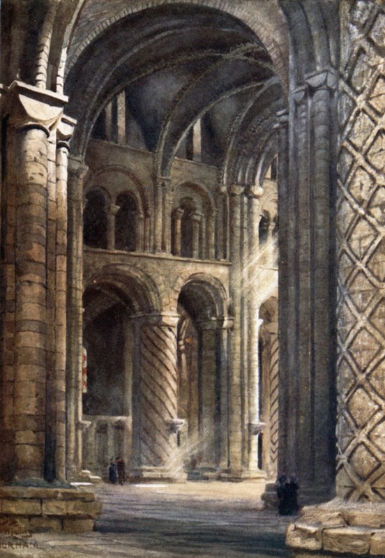 Durham, katedraalin sisäpuoli, joka näyttää laivan poikki etelään päin (väri litho) tekijältä William Wiehe Collins