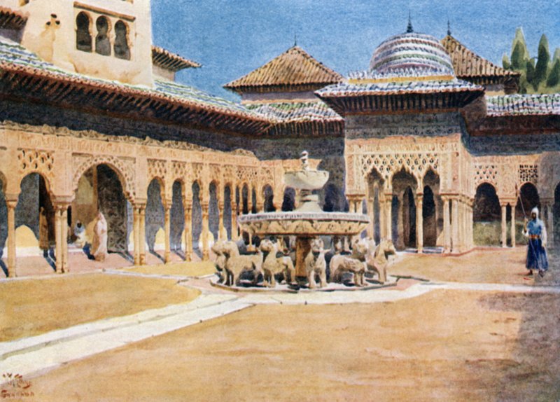 Granada, Alhambra, Leijonien tuomioistuin (väri litho) tekijältä William Wiehe Collins