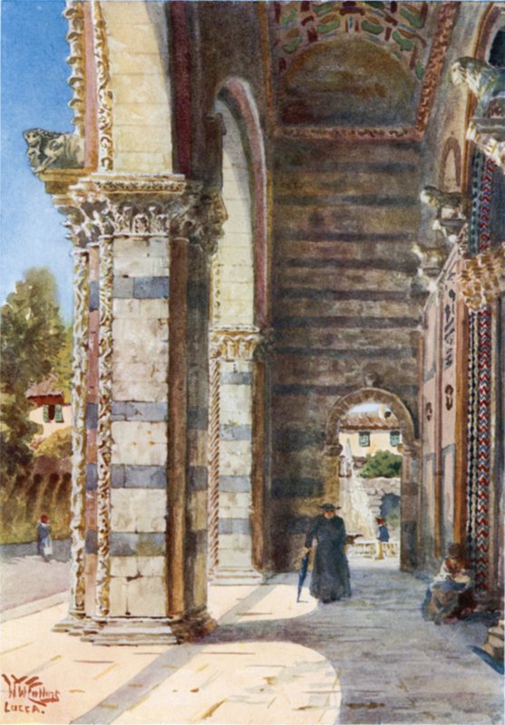Lucca. Tuomiokirkon kuisti (väri litho) tekijältä William Wiehe Collins