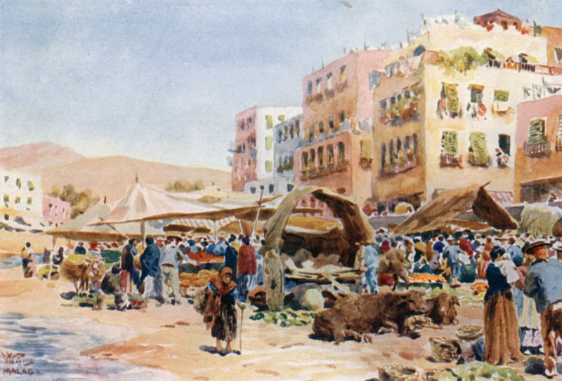 Malaga, markkinat (väri litho) tekijältä William Wiehe Collins