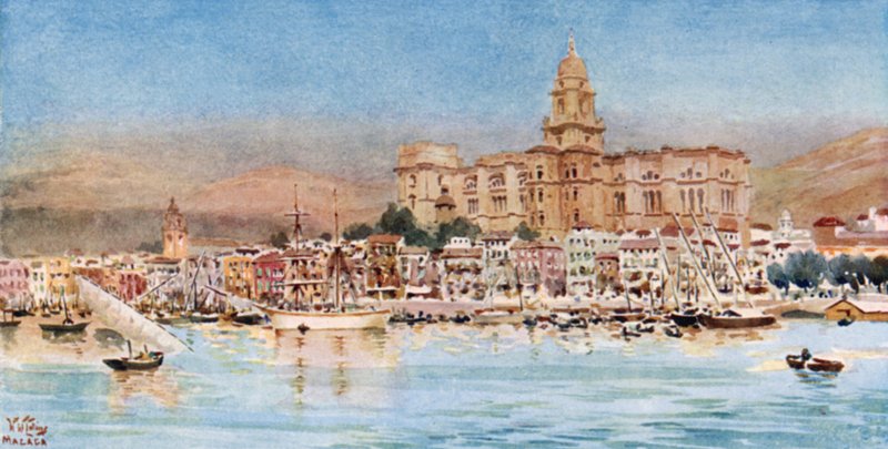 Malaga, näkymä satamasta (väri litho) tekijältä William Wiehe Collins