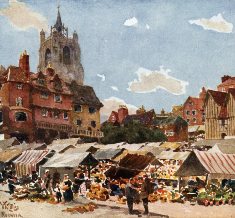 Norwich, markkinapaikka (väri litho) tekijältä William Wiehe Collins
