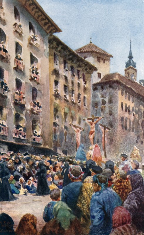Saragossa, pääsiäiskulkue (väri litho) tekijältä William Wiehe Collins