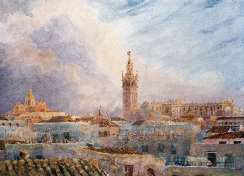 Sevilla, näkymä kaupunkiin (väri litho) tekijältä William Wiehe Collins