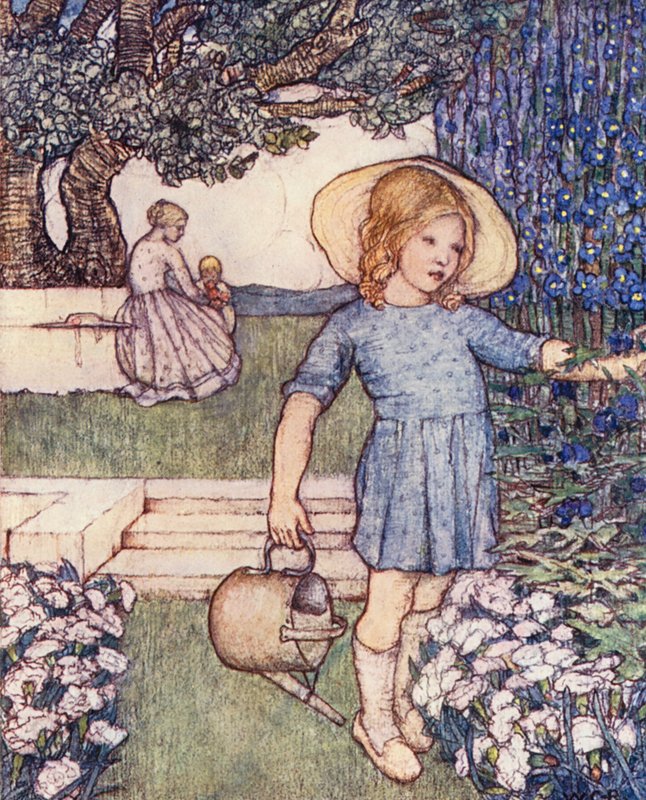 Lasten puutarhanhoitokirja: Larkspurs and Pinks (värilitografia). tekijältä Winifred Cayley Robinson
