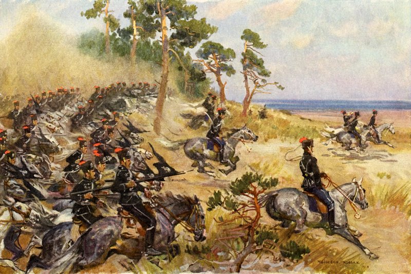 Saksan 1. hussarit harjoituksissa (väri litho) tekijältä Wojciech Kossak