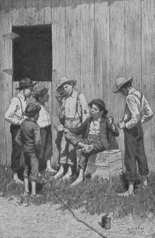 Kaksi sankaria alkoivat kertoa seikkailuistaan nälkäisille kuulijoille (litho) tekijältä Worth Brehm