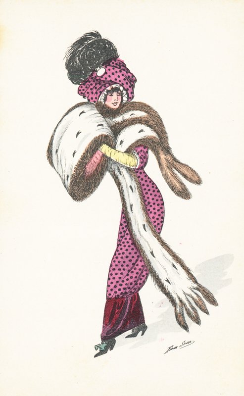 Tyylikäs pariisilainen nainen, jolla on pitkä turkisstole (chromolitho) tekijältä Xavier Sager