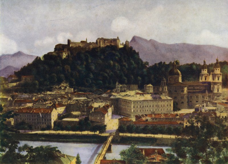 Näkymä Salzburgista ja Hohen-Salzburgista, Itävallasta tekijältä after A. Langfier
