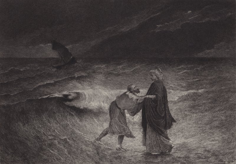 Jeesus ja pyhä Pietari merellä tekijältä after Albert Robida
