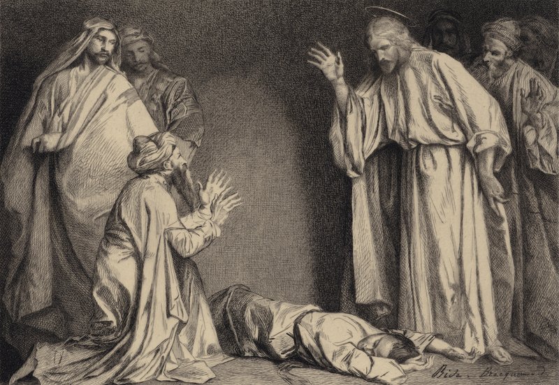 Jeesus parantaa riivatun lapsen tekijältä after Albert Robida