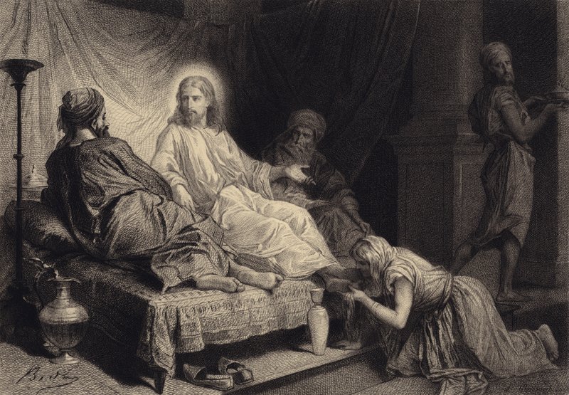 Magdalena Jeesuksen jaloissa tekijältä after Albert Robida