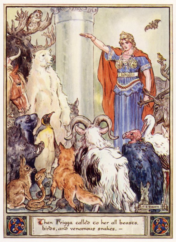 Sitten Frigga kutsui luokseen kaikki pedot, linnut ja myrkylliset käärmeet tekijältä after Charles Edmund Brock