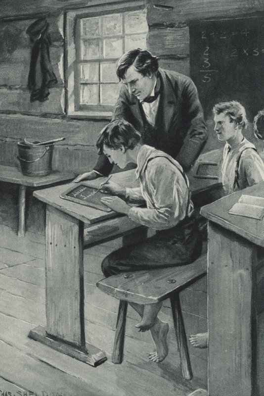Abraham Lincoln oppii kirjoittamaan tekijältä after Charles Mills Sheldon