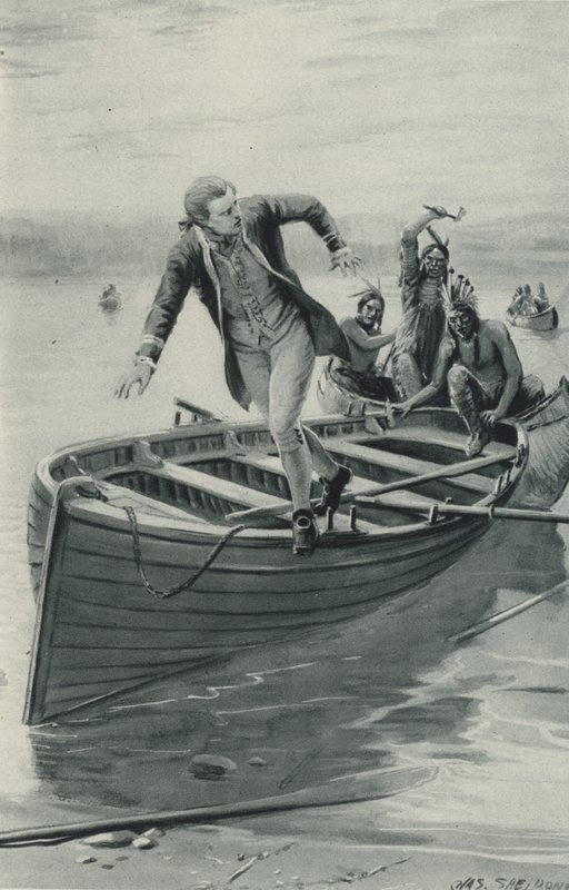 Kapteeni James Cook hyppää ulos veneestään punaisten intiaanien hyppääessä sisään tekijältä after Charles Mills Sheldon