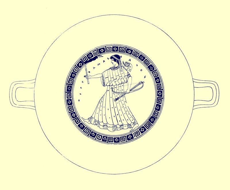 Artemis jousi, nuoli ja soihtu, kuvitus J. E. Harrisonin ja D. S. MacCollin kreikkalaisesta maljamaalauksesta, julkaistu 1894 (digitaalisesti paranneltu kuva) tekijältä after English School
