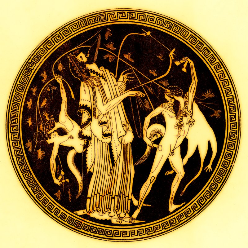 Dionysos ja satyyrit, kuvitus J. E. Harrisonin ja D. S. MacCollin kreikkalaisesta maljamaalauksesta, julkaistu 1894 (digitaalisesti paranneltu kuva) tekijältä after English School