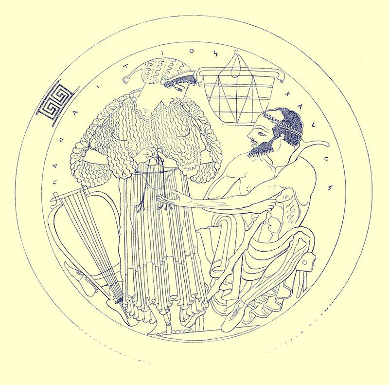 Euphroniosin Cylixin sisäpuoli, kuvitus J. E. Harrisonin ja D. S. MacCollin kreikkalaisesta maljamaalauksesta, julkaistu 1894 (digitaalisesti paranneltu kuva) tekijältä after English School