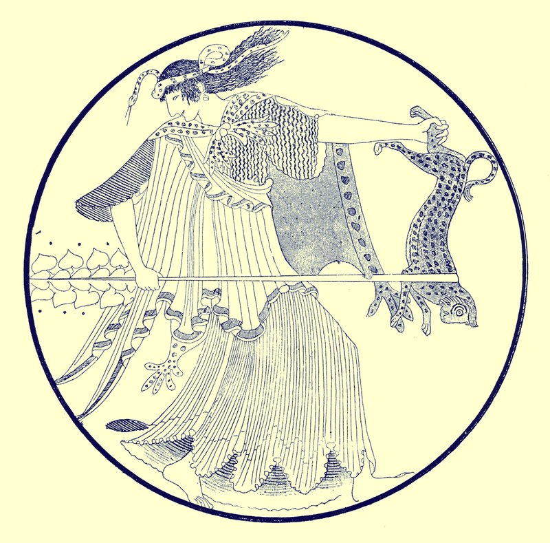 Maenad, kuvitus J. E. Harrisonin ja D. S. MacCollin kreikkalaisesta maljamaalauksesta, julkaistu 1894 (digitaalisesti paranneltu kuva) tekijältä after English School