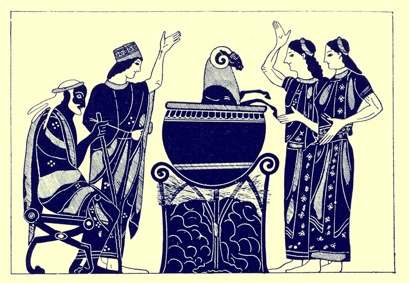 Medea Boiling the Ram, kuvitus J. E. Harrisonin ja D. S. MacCollin kreikkalaisesta maljamaalauksesta, julkaistu 1894 (digitaalisesti paranneltu kuva) tekijältä after English School