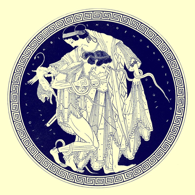 Peleus ja Thetis, kuvitus J. E. Harrisonin ja D. S. MacCollin kreikkalaisesta maljamaalauksesta, julkaistu 1894 (digitaalisesti paranneltu kuva) tekijältä after English School
