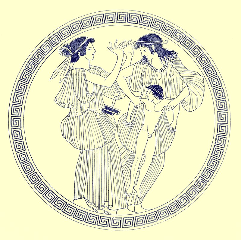 Prokne, Philomela ja Itys, kuvitus J. E. Harrisonin ja D. S. MacCollin kreikkalaisesta maljamaalauksesta, julkaistu 1894 (digitaalisesti paranneltu kuva) tekijältä after English School