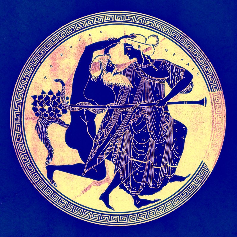 Satyr ja Maenad, kuvitus J. E. Harrisonin ja D. S. MacCollin kreikkalaisesta maljamaalauksesta, julkaistu 1894 (digitaalisesti paranneltu kuva) tekijältä after English School