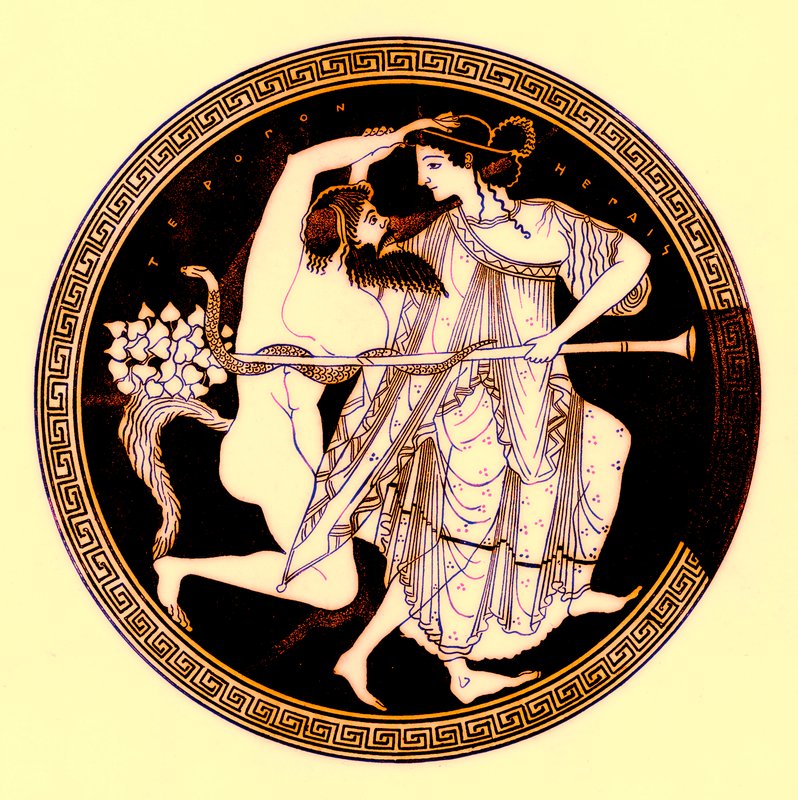 Satyr ja Maenad, kuvitus J. E. Harrisonin ja D. S. MacCollin kreikkalaisesta maljamaalauksesta, julkaistu 1894 (digitaalisesti paranneltu kuva) tekijältä after English School