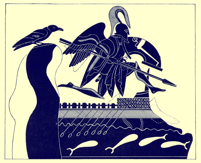 The Ghost of Patroklos, kuvitus J. E. Harrisonin ja D. S. MacCollin kreikkalaisesta maljamaalauksesta, julkaistu 1894 (digitaalisesti paranneltu kuva) tekijältä after English School