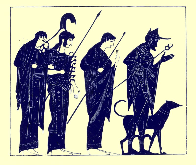 The Judgement of Paris, kuvitus J. E. Harrisonin ja D. S. MacCollin kreikkalaisesta maljamaalauksesta, julkaistu 1894 (digitaalisesti paranneltu kuva) tekijältä after English School