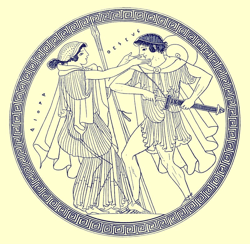 Theseus ja Aethra, kuvitus J. E. Harrisonin ja D. S. MacCollin kreikkalaisesta maljamaalauksesta, julkaistu 1894 (digitaalisesti paranneltu kuva) tekijältä after English School
