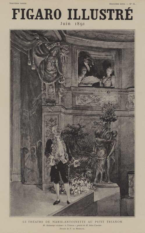 Ranskalainen näyttelijä Louis Arsene Delaunay lausuu Jules Claretiesin runon A Trianon Theatre de Marie Antoinette -teatterissa Petit Trianonissa Versaillesissa. tekijältä after Felicien baron de Myrbach Rheinfeld