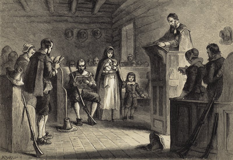Pyhiinvaeltajien julkinen jumalanpalvelus Plymouthissa tekijältä after Felix Octavius Carr Darley