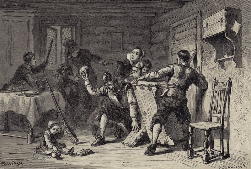 Puritaanit barrikadoivat talonsa intialaisia vastaan tekijältä after Felix Octavius Carr Darley
