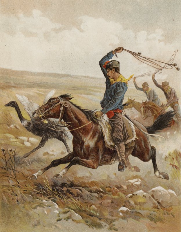 Strutsin metsästys, Etelä-Amerikka (chromolitho) tekijältä after Frank Feller