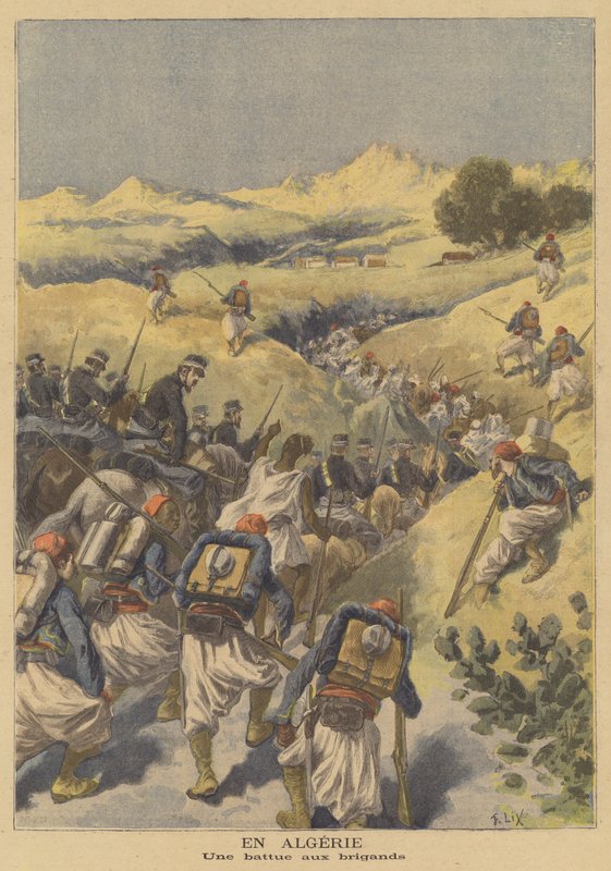Ranskalaiset joukot metsästävät rosvoja Algeriassa tekijältä after Frederic Theodore Lix