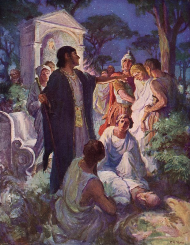 Arbaces syyttää Glaucusta Apoecidesin murhasta tekijältä after Frederick Coffay Yohn