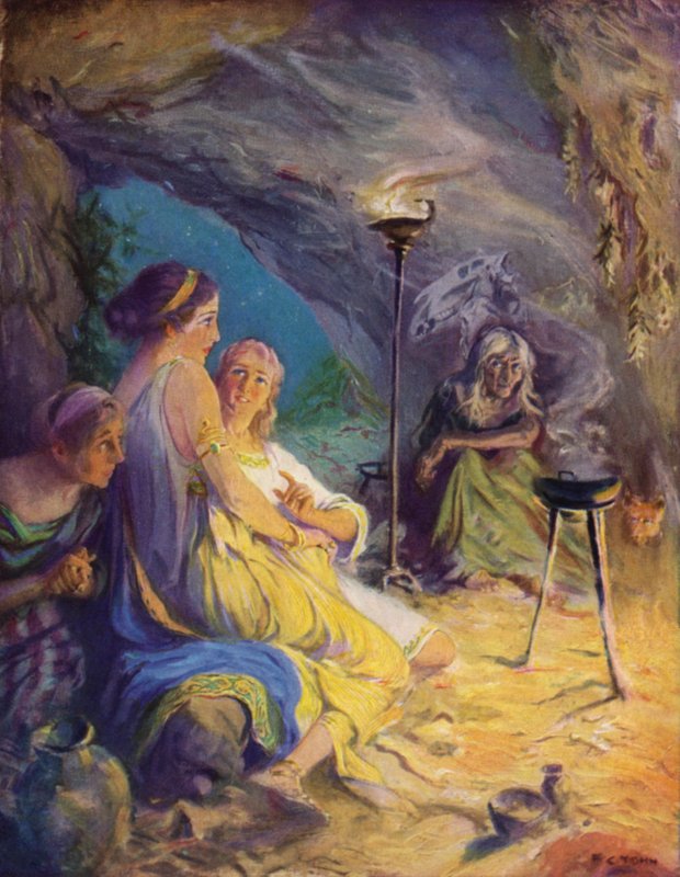 Glaucus ja Ione etsivät turvaa noitaluolasta tekijältä after Frederick Coffay Yohn