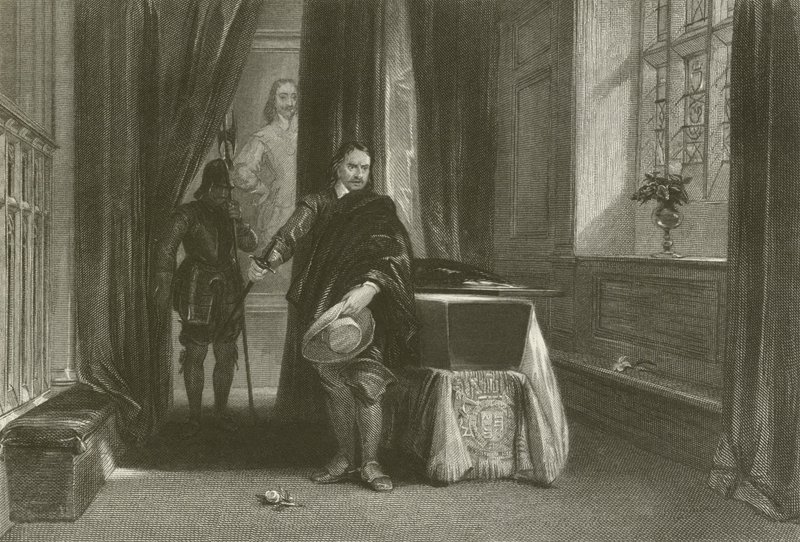 Cromwell katselee Charles I:n ruumista varjo liikkui hänen otsallaan tekijältä after George Cattermole