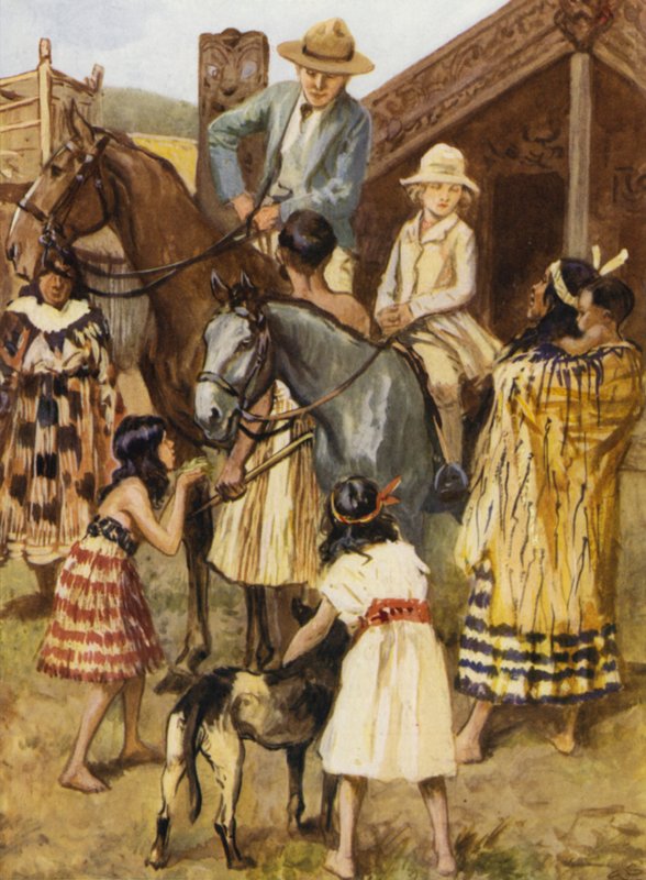 Vieraita mallimaorikylässä (Mow-ree). tekijältä after Gordon Frederick Browne