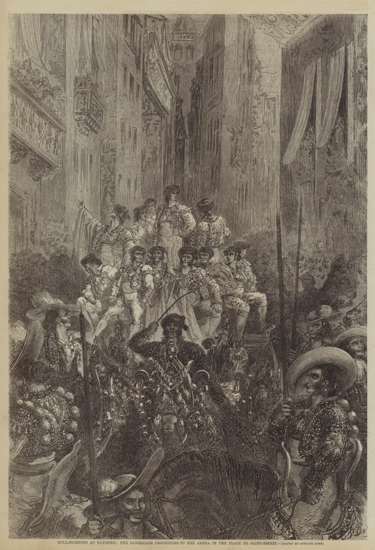 Härkätaistelu Bayonnessa, kavalkadi etenee Place de Saint-Esprit -areenalle tekijältä Gustave after Dore