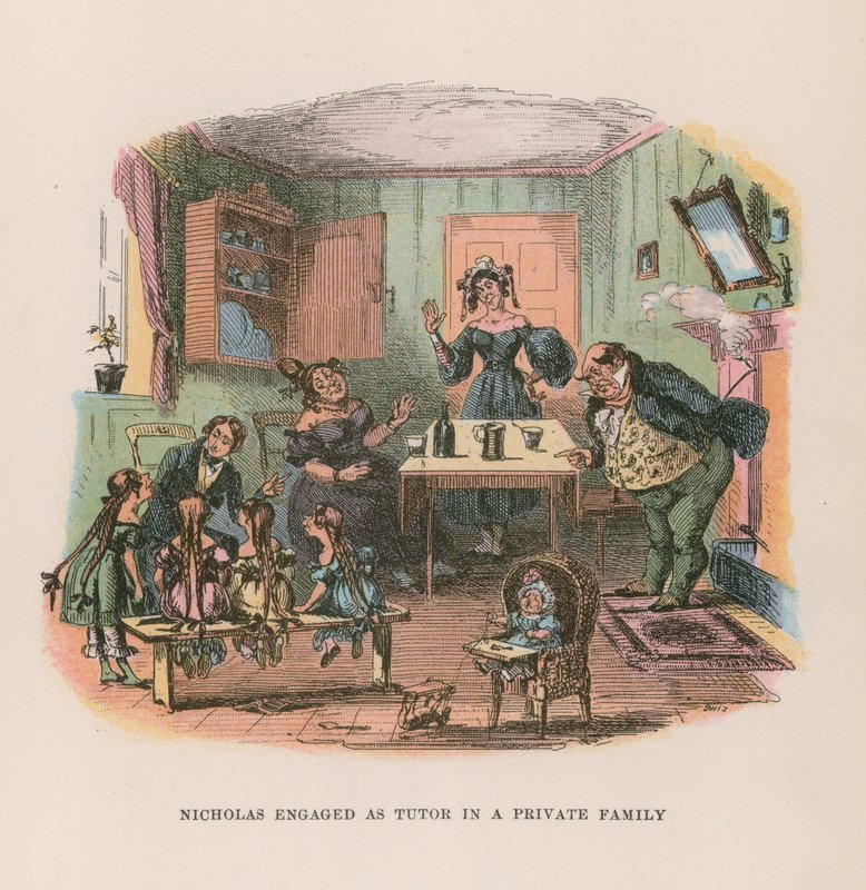Kuvitus Nicholas Nicklebylle (väri litho) tekijältä after Hablot Knight Browne