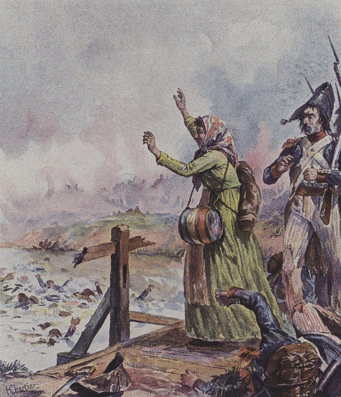 Ranskalainen kanteleensoittaja näkee miehensä hukkuvien sotilaiden joukossa Arcolen taistelussa Italiassa vuonna 1796. tekijältä after Henri Georges Jacques Chartier